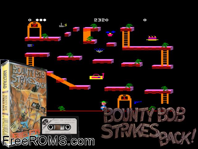 Bounty Bob Strikes Back (UK) (1985) [t1] Amstrad CPC game showing 3D box cover and gameplay screenshot